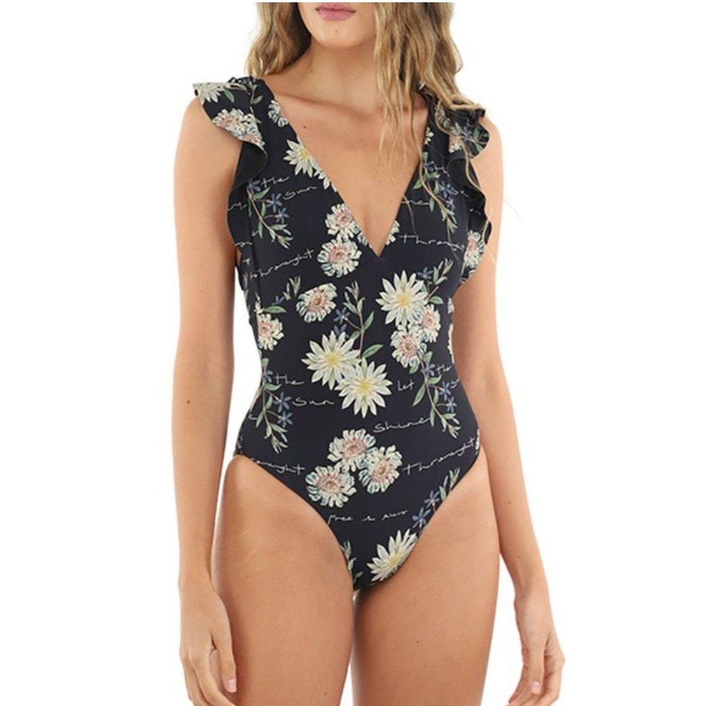 Malai Black Floral One Piece Swimsuit‎ Low Back Sz S Summer Hawaiian